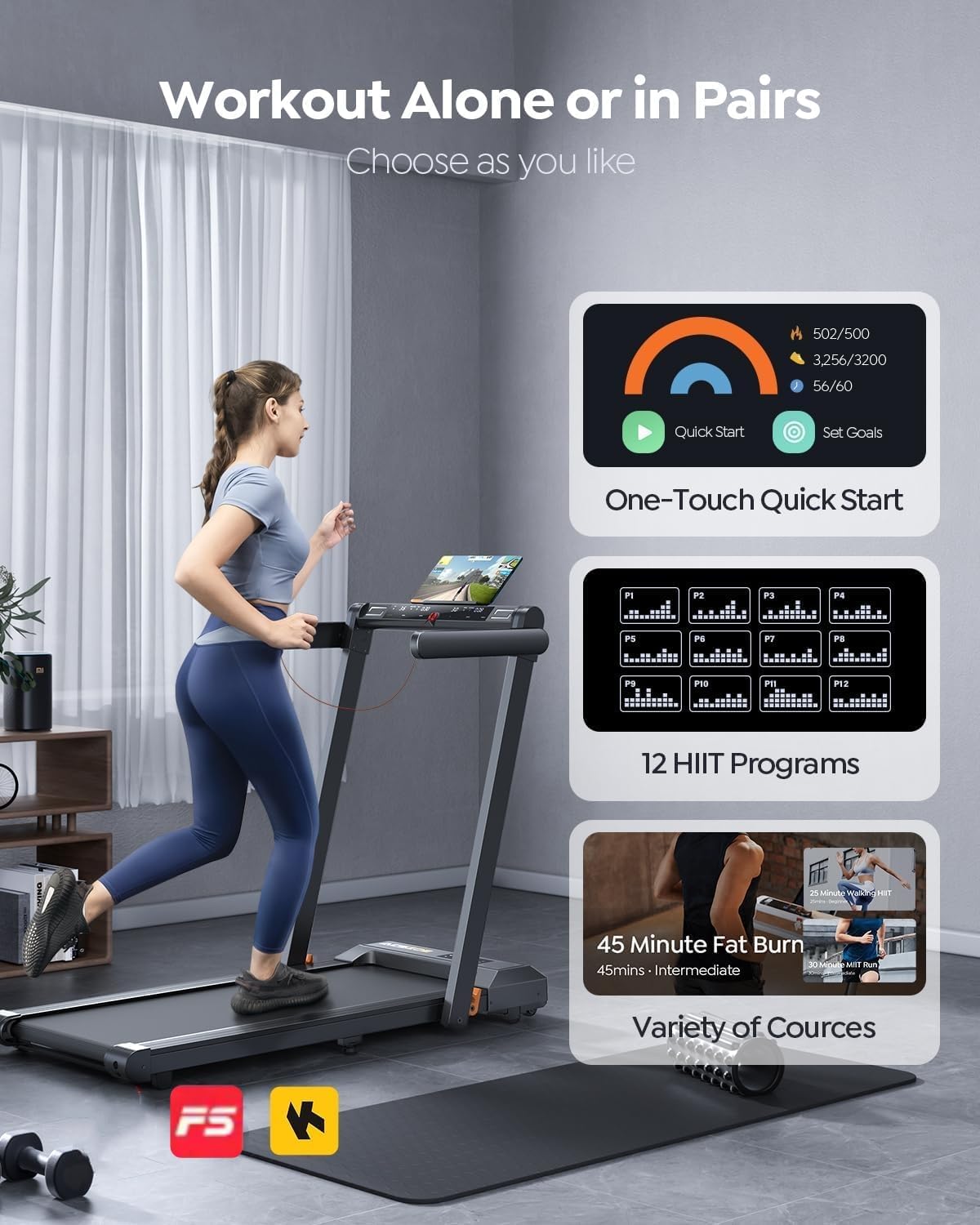 2 in 1 Folding Treadmills for Home Small Office, 2.5HP Walking Pad Treadmill with Handle Bar, 300lbs Capacity, Copmact Protable Treadmill with Smart APPs, 12 HIIT Modes and Touch Screen - Image 3
