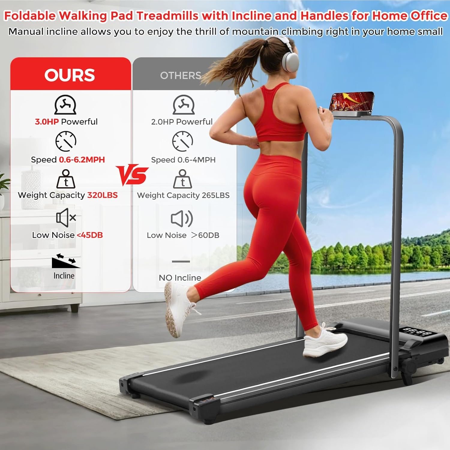 Portable Walking Pad with Incline and Handle Bar, 3.0HP Electric Treadmills for Home Small, 0.6-6.2MPH Compact Walking Pads Treadmills with Handles and Incline for Small Spaces, 320LB Capacity - Image 2