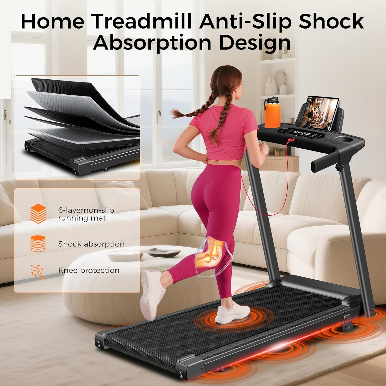 Treadmill with Incline, 3.0HP Small Treadmills for Home, Portable Electric Treadmill with Handles,Lightweight Walking Pad,Compact Running Treadmills,Walking Pad with Handle,LED Dispay,300LBS Capacity - Image 6