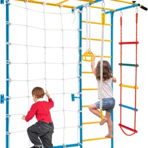 HONEY JOY Climbing Toys for Toddlers, Upgrade Metal Indoor Kids Gym for Solid Wall, Playground and Climbing Exercise Set with Rope Ladder, Pull-up Bar, Monkey Bars, Gymnastic Rings (7 in 1)