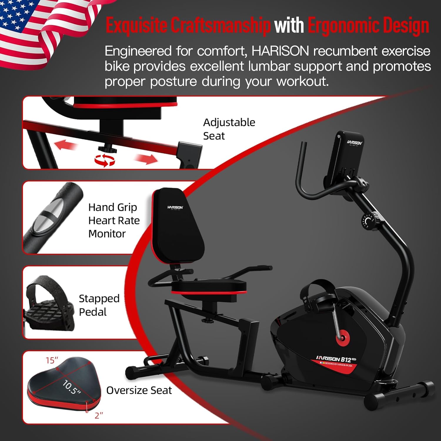 HARISON Recumbent Exercise bike for Home 400LBS Capacity, Magnetic Recumbent Exercise Bike with 2 in 1 LCD Monitor and Tablet Holder, Recumbent bikes for Adult and Seniors - Image 5