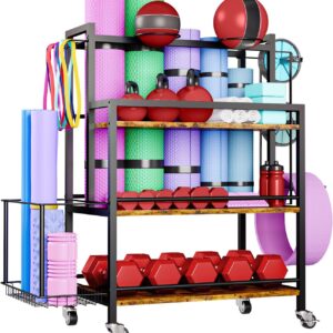 EasyCom Home Gym Storage, 4 Tier Large Capacity Rack for Dumbbells Kettlebells Foam Roller, Yoga Mat Strap and Resistance Bands, Exercise/Workout Equipment Storage Gym Organizer With Hooks and Wheels