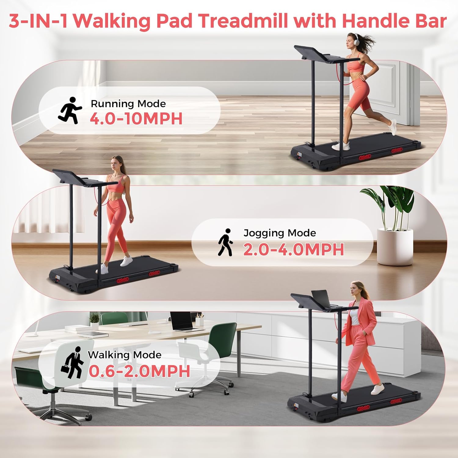 Walking Pad Treadmill with Handle Bar, 3.5HP Compact Electric Walking Pads Treadmills with Handles for Home Apartment Small, 0.6-10MPH Portable Foldable Folding Small Treadmill Home, 400LBS Capacity - Image 2