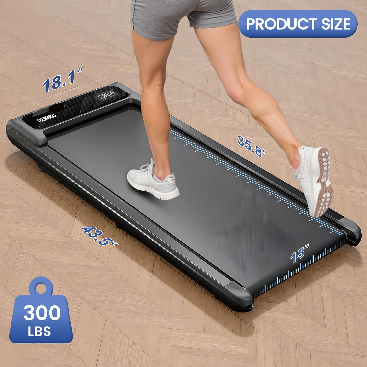 Portable Walking Pad with Handle Bar, 2.5HP Treadmill with Incline, Under Desk Treadmill for Home, 300LBS Capacity, Remote Control, Compact Walking Pad with Clear LED Display - Image 6