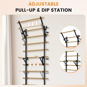Swedish Ladder Wall Gym, Stall Bar Home Gym with Adjustable Pull-Up Bar, Dip Bar Attachments & 2pcs Resistance Band, 9 Strategic Rods for for Home, School, Hysical Therapy and Gymnastics