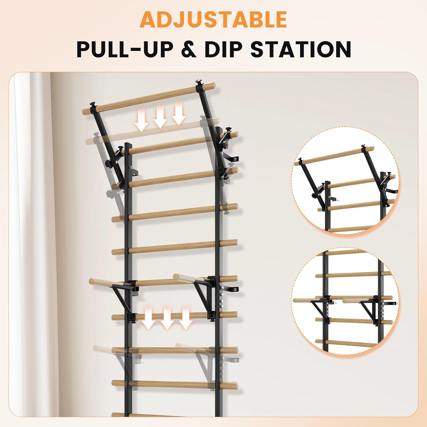 Swedish Ladder Wall Gym, Stall Bar Home Gym with Adjustable Pull-Up Bar, Dip Bar Attachments & 2pcs Resistance Band, 9 Strategic Rods for for Home, School, Hysical Therapy and Gymnastics - Image 2