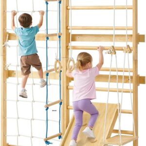 VEVOR Swedish Ladder Wall Gym, 8-in-1 12-Level Solid Wood Gymnastic Stall Bars for Kids Adults, 220LBS Indoor Jungle Gym Playset with Climbing Board, Gym Rings, Pull-Up Bar, Wall Ladder, Slide, Swing