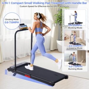 Electric Walking Pad Treadmill with Adjustable Incline and Handle Bar, 3.5HP Small PortableTreadmills for Home Office Small, 4 in 1 Folding Foldable Treadmill with Handles, 0.6-7.6MPH, 350LBS