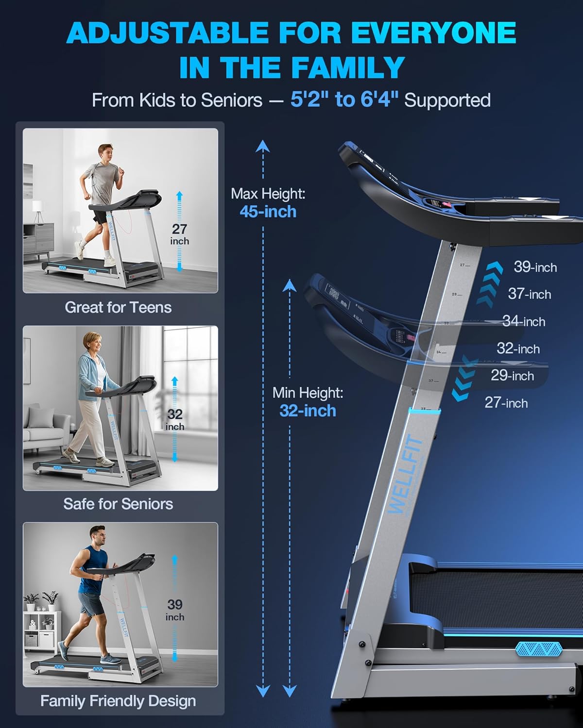 WELLFIT Auto Incline Folding Treadmill - 10% Incline Desk Walking Pad Treadmill with Handlebar, 400 lbs Heavy-Duty Capacity, Space-Saving Quiet Under-Desk Design for Home Office, Seniors & Fitness - Image 3