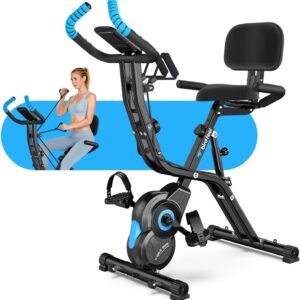 Foldable Exercise Bike, Multifunctional Indoor Stationary Bikes for Home with 8-Level Magnetic Resistance, Quiet Workout Bike with Arm Resistance Bands, LCD Monitor, 300LBS Capacity (Blue)