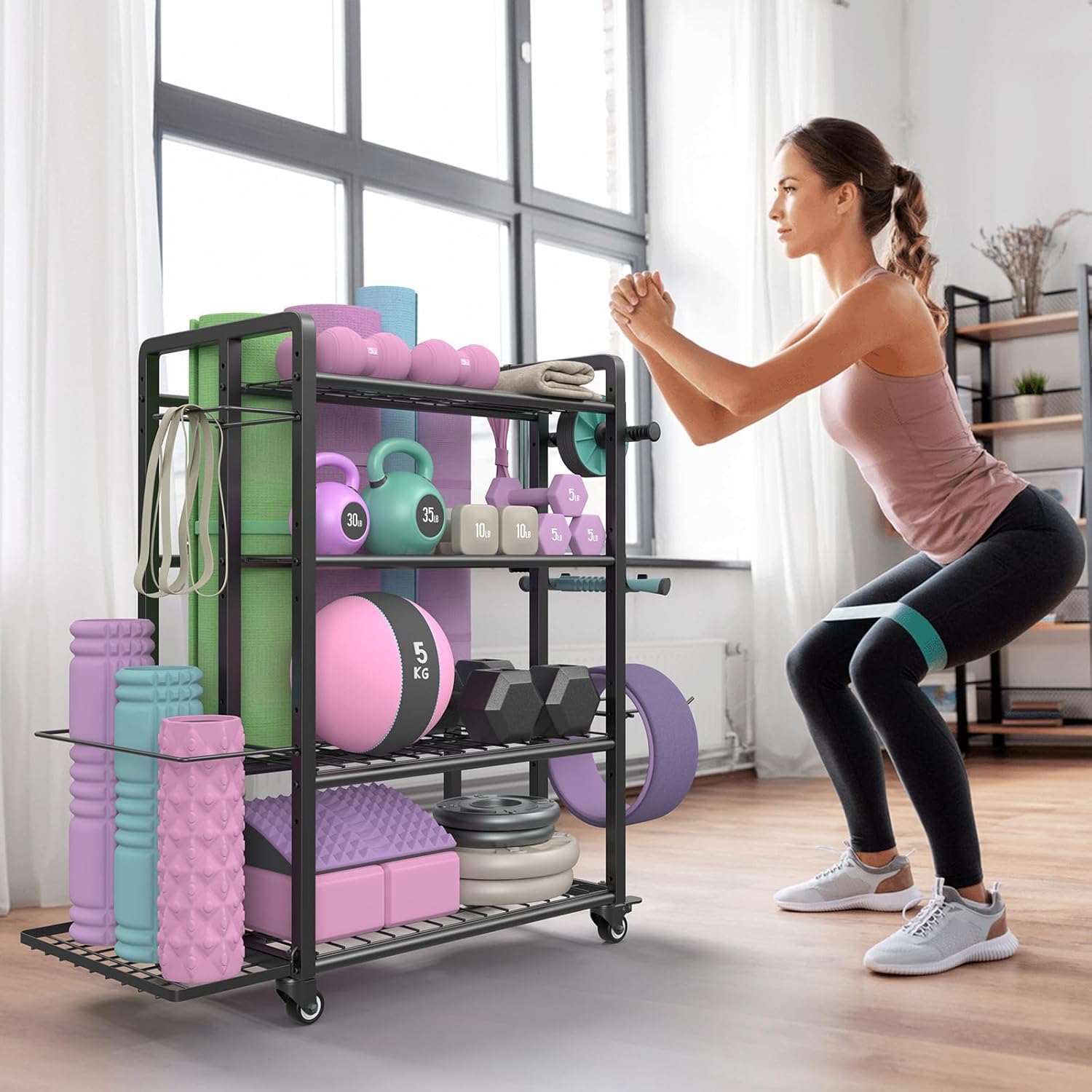 4-Tier Dumbbell Rack Stand Only, Adjustable Weight Rack for Dumbbells Kettlebells Yoga Mat, Home Gym Storage Rack with Wheels and Hooks, Powder Coated Finish - Image 8