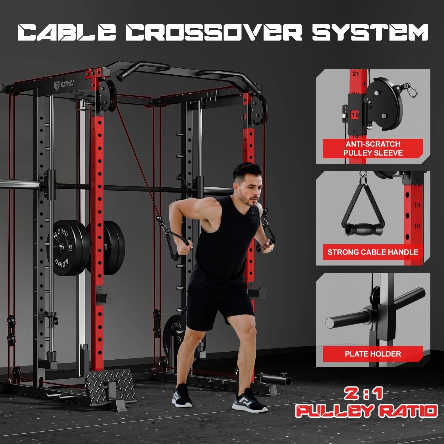 S1-V4 Smith Machine, 2000LBS Power Cage with Cable Crossover System, All-in-One Squat Rack with Smith Bar, Workout Cage Strength Training Equipment with Attachments - Image 4