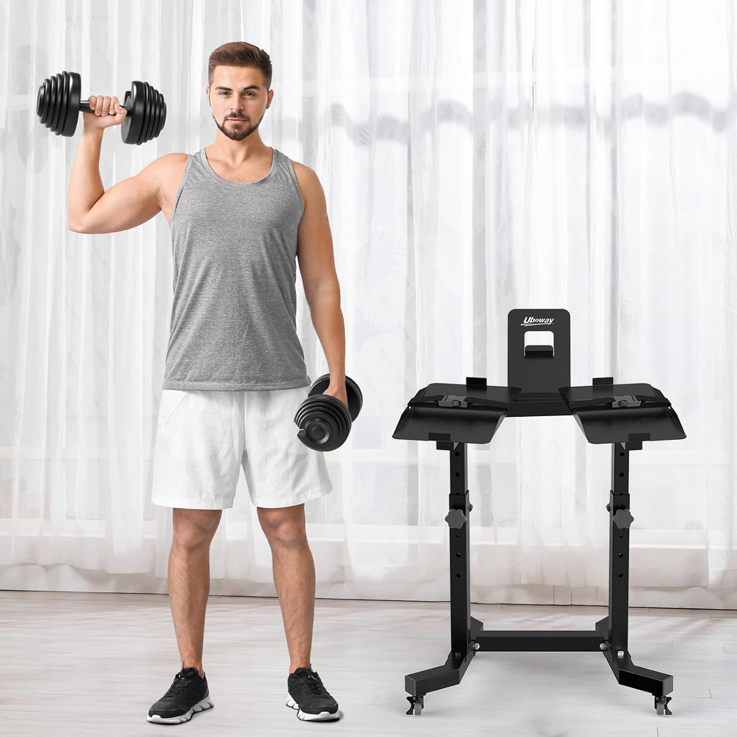 Uboway Adjustable Dumbbell Stand- Dumbbell Rack with 4 Level Height Adjustment, Weight Stand for Dumbbells with Tablet Holder and Wheels, Hand Weight Rack for Adjustable Dumbbell Set, Home Gym Fitness(Bonus Foot Pads) - Image 5