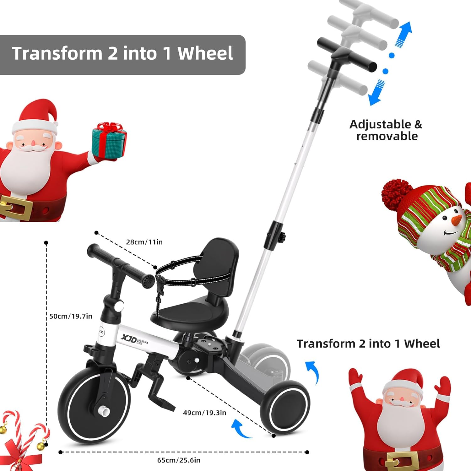 XJD Toddler Bike, 6 in 1 Folding Toddler Tricycle for 1-4 Year Old with Parental Control Handle, Balance Bike with Removable Pedal, Backrest, Adjustable Seat, First Christmas Birthday Gifts (White) - Image 5
