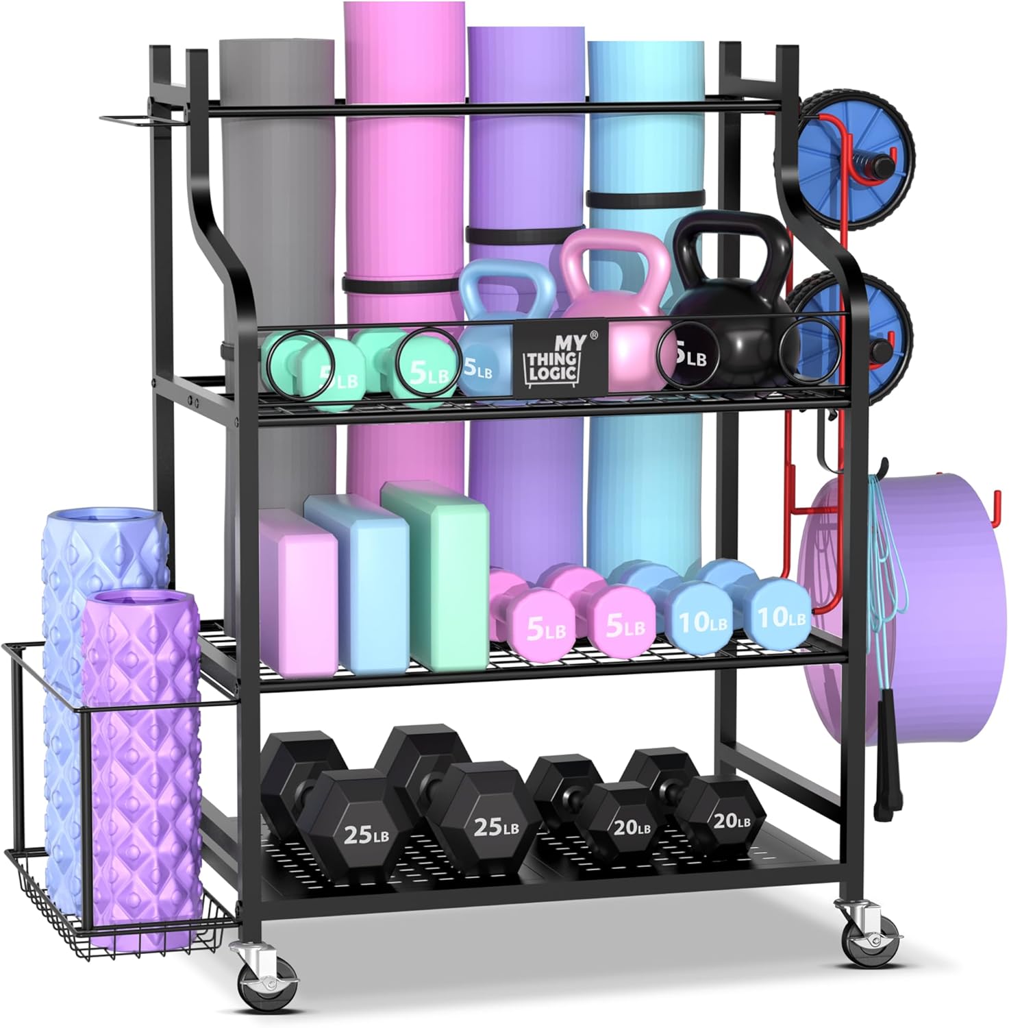 Mythinglogic Yoga Mat Storage Racks,Home Gym Storage Rack for Dumbbells Kettlebells Foam Roller, Yoga Strap and Resistance Bands, Workout Equipment Storage Organizer With Hooks and Wheels - Image 5