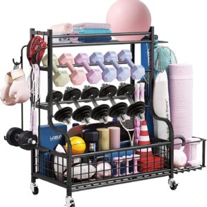Dumbbell Rack, Weight Rack for Kettlebells, Storage Holder for Yoga and Workout Equipment, Home Gym Storage Rack with Wheels,Hooks and Mesh Top