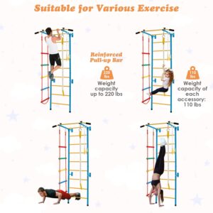 Costzon 5 in 1 Climbing Toys for Toddlers, Indoor Kids Gym for Exercise, Steel Ladder Wall Set with Wall Ladder, Pull-up Bar, Rope, Gymnastic Rings, Solid Wall Set up, Climber Ladder Boys Girls Gift