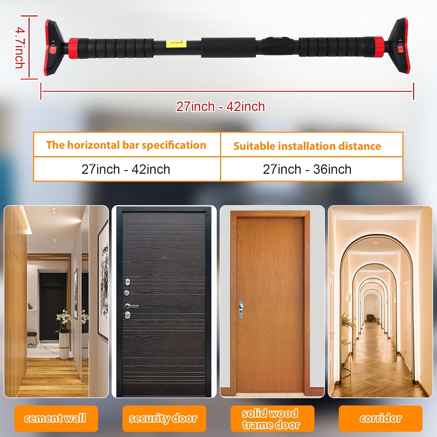 Pull up Bar for Doorway - 27''- 42'' Width Adjustable Indoor Chin Up Bar with Level Meter, Portable Exercise Equipment for Home Gym Upper Body Workout, Max Load 440 LBS, Black Red - Image 6