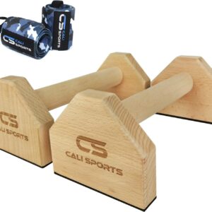 CALI SPORTS Calisthenics Wood Parallettes Bars | Push Up Bar That Will Not Slip or Wobble | Wrist Wraps Included