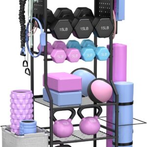 Dumbbell Rack, Home Gym Storage for Kettlebells, Yoga Mat & Strength Training Equipment, Weight Rack With Peg Board Organizer, Workout Gym Equipment Storage