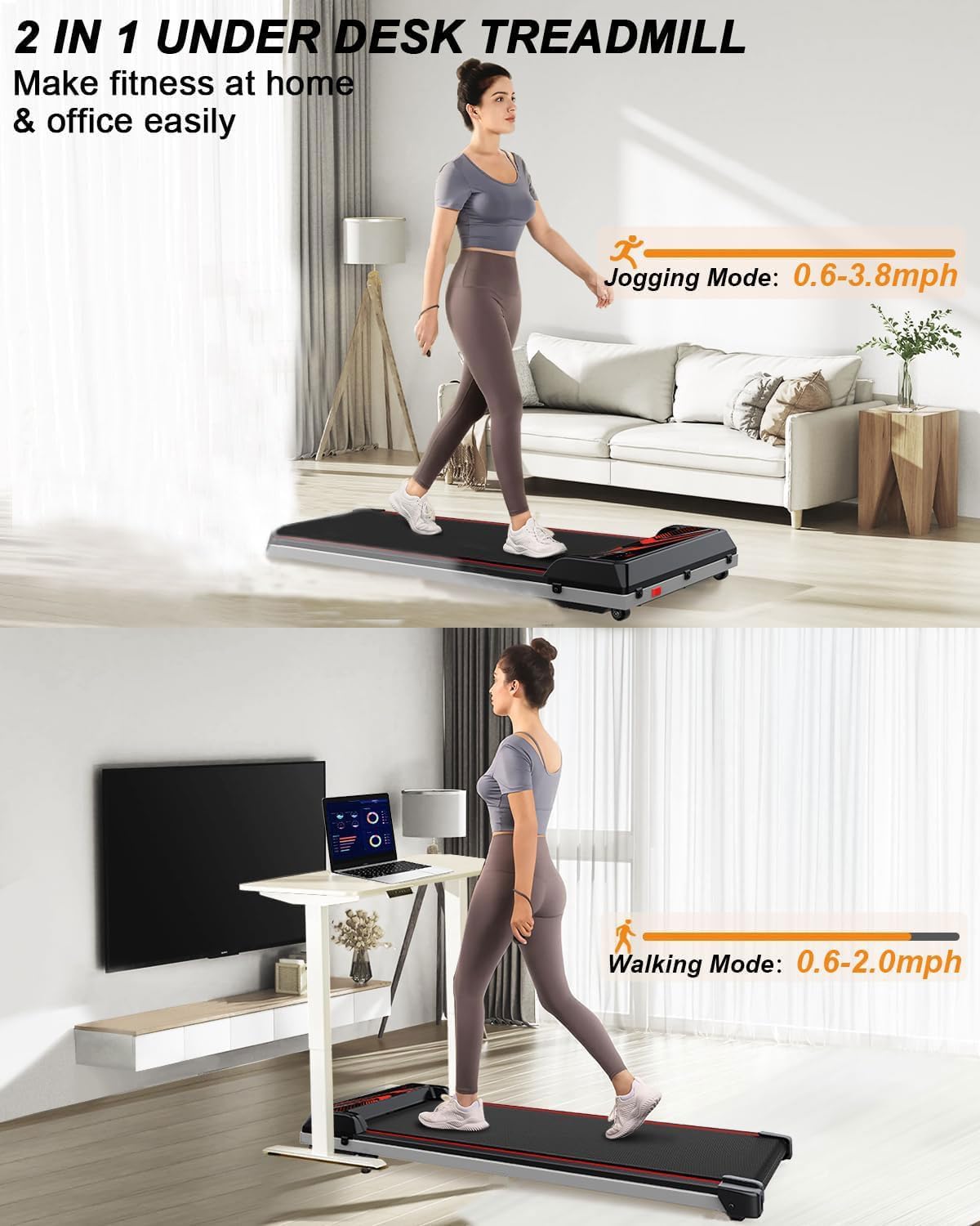 3 in 1 Treadmill, Portable Under Desk Walking Pad with Incline for Home/Office, Remote Control, LED Display - Image 4