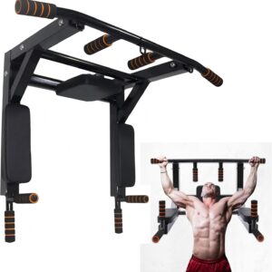 Wall Mounted Pull Up Bar Chin for Indoor Home Gym Workout, Power Tower Set Training Equipment Fitness Dip Stand Supports to 440 Lbs（Black）