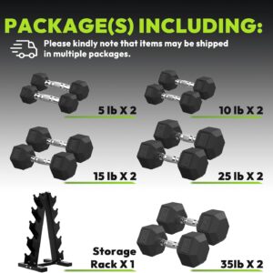 Hex Weights Dumbbells Set with Rack, 75-550 lb Rubber Coated Dumbbell Sets with Storage, Free Hand Weight for Strength Training, Exercise, Fitness, Home, Gym, Heavy Duty
