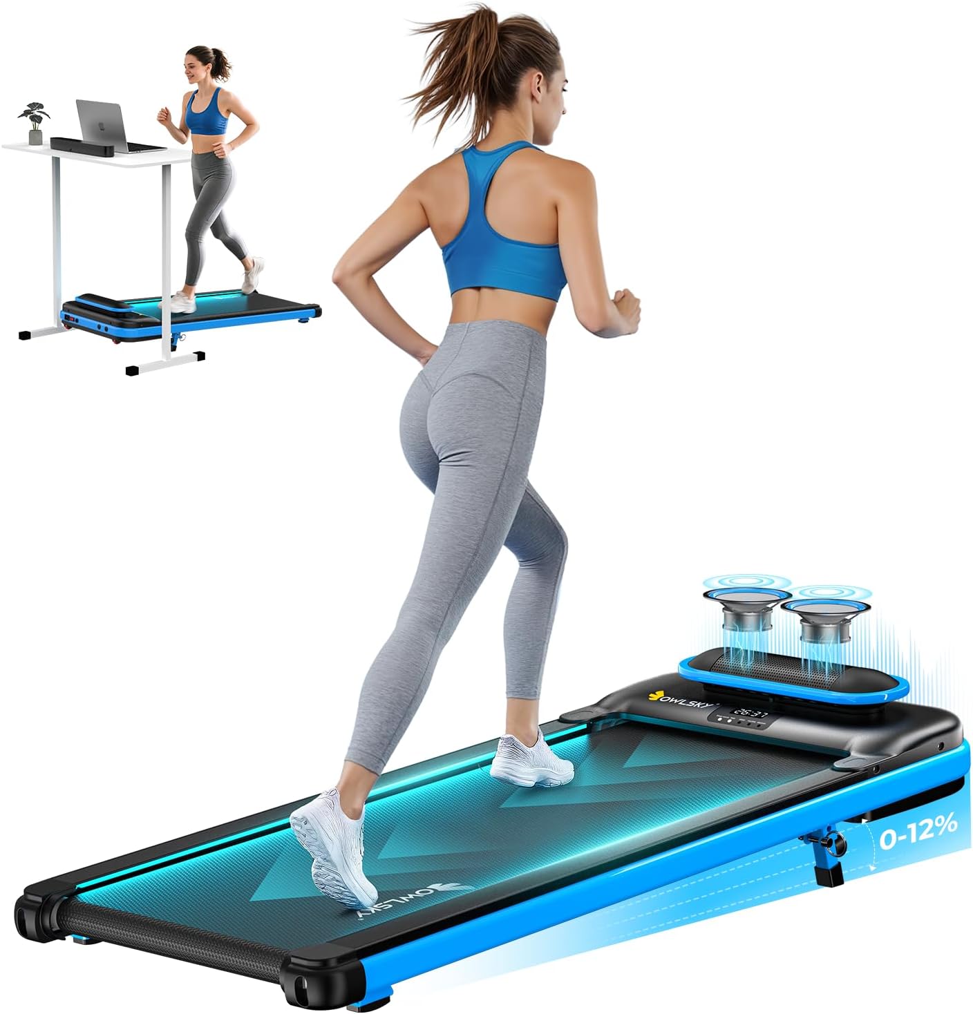 OWLSKY Walking Pad, 3 in 1 Under Desk Treadmill with Incline for Home Office, Bluetooth Speaker Walking Treadmill, 2.5 HP Low Noise, with Remote Control, LED Display