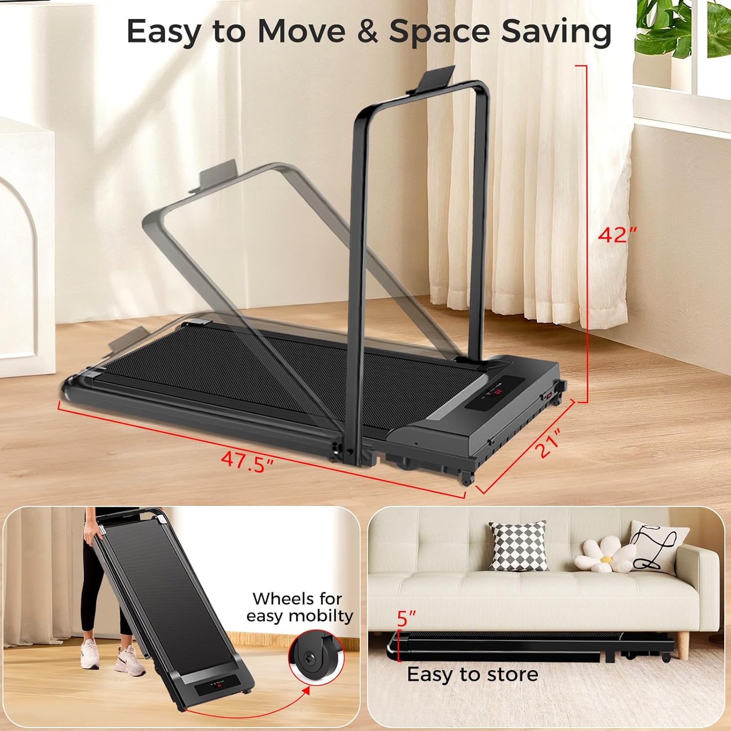 Walking Pad with Handle Bar 3 in 1 Portable Treadmills for Home Small Spaces, Foldable Under Desk Treadmills Mini Walking Pad Running Machine with Remote Control 300lbs Capacity - Image 2