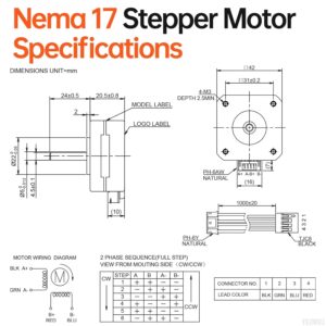 10Pack Nema 17 Stepper Motor 1.8‌°‌ 2 Phase High Torque 0.13Nm(18.41oz·in) Bipolar 42x21mm 1.0A 3.5Ω 4-Lead Shaft 24mm φ5mm 42 Stepper Motor Cable 1M for 3D Printer DIY Robot CNC Machine