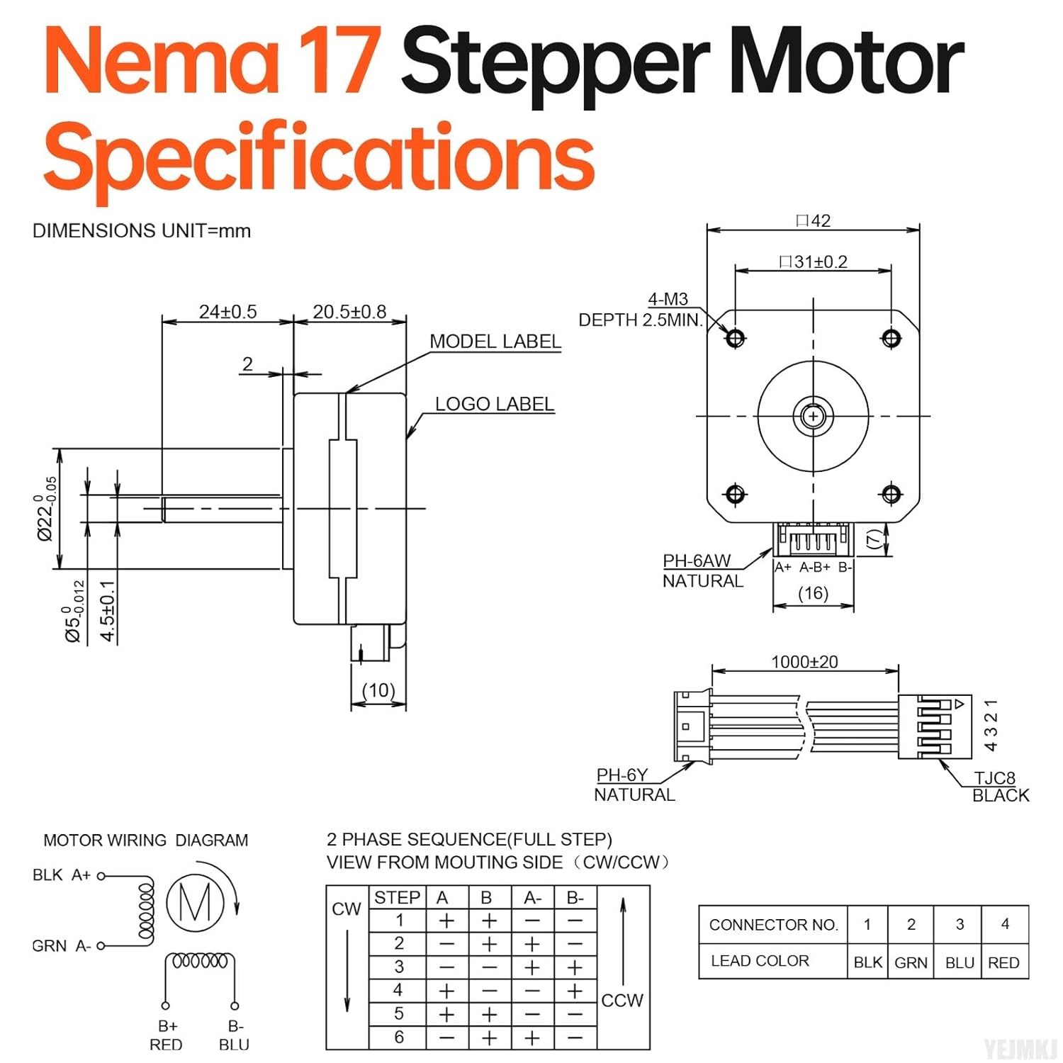 10Pack Nema 17 Stepper Motor 1.8° 2 Phase High Torque 0.13Nm(18.41oz·in) Bipolar 42x21mm 1.0A 3.5Ω 4-Lead Shaft 24mm φ5mm 42 Stepper Motor Cable 1M for 3D Printer DIY Robot CNC Machine - Image 2