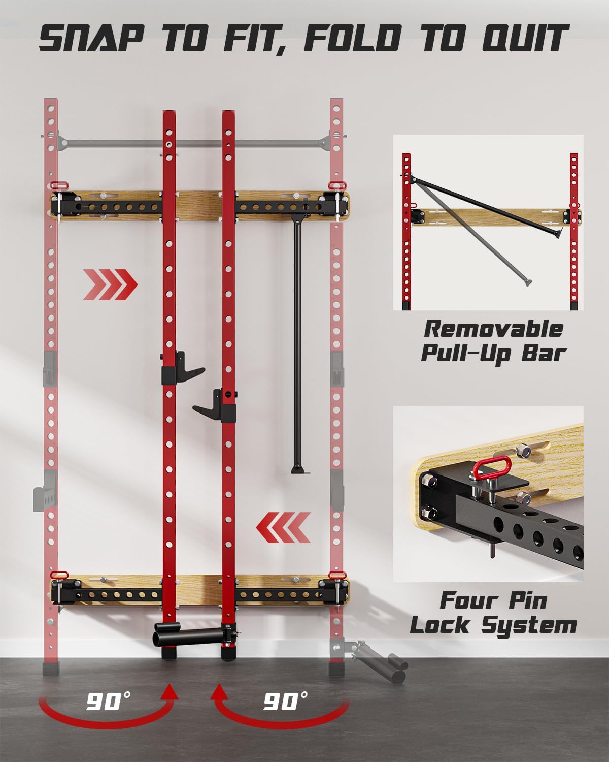 2" x 2" Folding Wall Mounted Squat Rack, 1100 Pounds Capacity Power Rack with Pull Up Bar, J Hooks and Other Attachments, Space-Saving Home Gym Package - Image 4