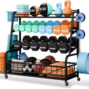 XL Dumbbell Rack Weight Stand – Adjustable Weight Rack for Dumbbells, Home Gym Storage Rack for Kettlebell, Balls,Yoga Mat Storage Holder, Workout Equipment Storage Organizer With Wheels