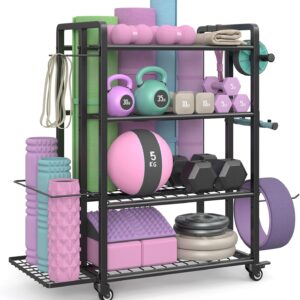 4-Tier Dumbbell Rack Stand Only, Adjustable Weight Rack for Dumbbells Kettlebells Yoga Mat, Home Gym Storage Rack with Wheels and Hooks, Powder Coated Finish