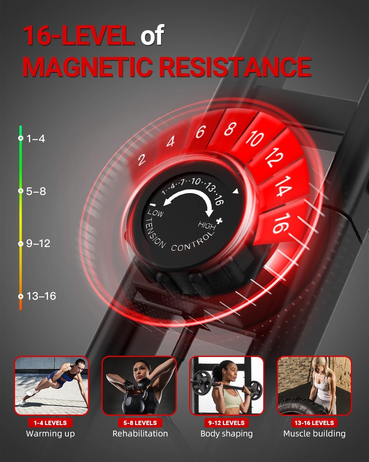 HARISON Folding Exercise Bike 350 LBS Capacity, 5 in 1 Bluetooth Stationary Bikes for Home with 16-Level Resistance and Arm Resistance Bands, Magnetic X-Bike with LCD Monitor & Back Support - Image 4