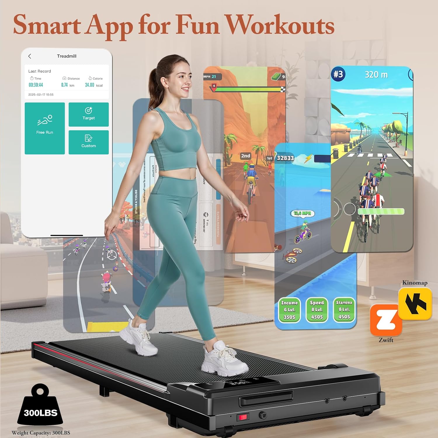 Walking Pad Treadmill with Incline, Portable Under Desk Treadmill for Home Small Spaces Office, 300 lb Capacity, 2.5HP - Image 2