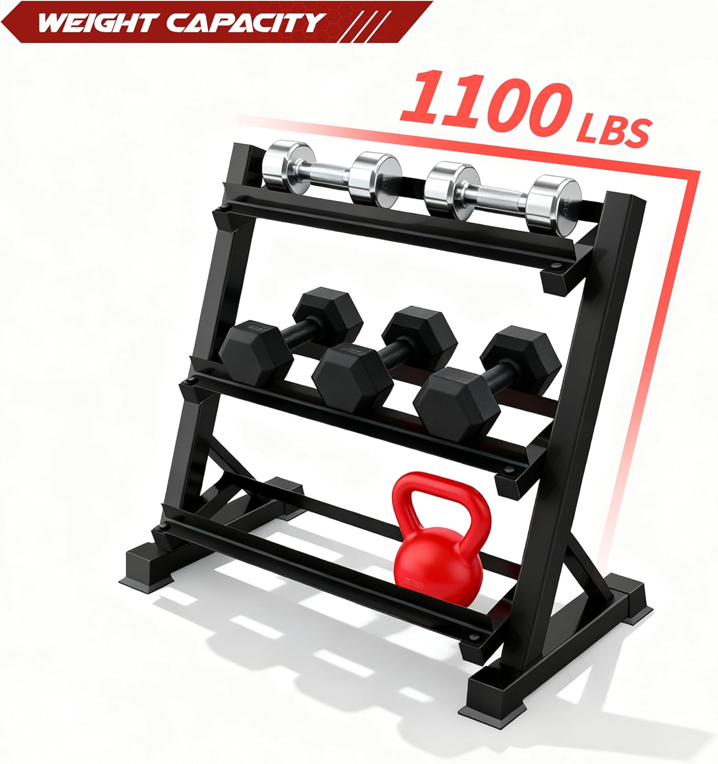 Zlinke 3-Tier Dumbbell Rack Multilevel Weight Storage Organizer for Home Gym, Weight Rack for Dumbbells, Kettlebells,1100LBS Capacity (Rack Only) - Image 3