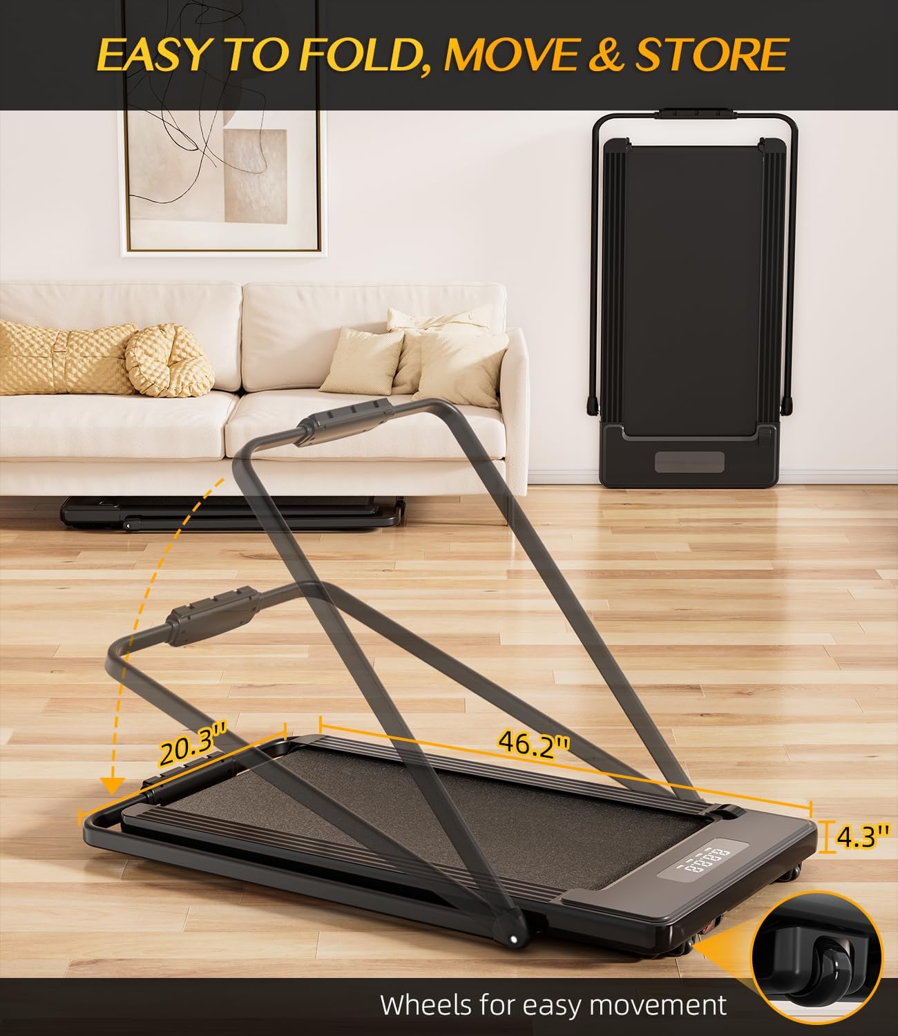 2 in 1 Folding Treadmill, Smart Walking Running Machine with Bluetooth Audio Speakers, Installation-Free,Under Desk Treadmill for Home/Office Gym Cardio Fitness - Image 4