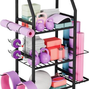 Homeiju Dumbbell Rack, Weight Rack for Home Gym, Yoga Mat Storage Holder with Lockable Wheels, Dumbbell Stand with Hooks, All in One Work out Equipment Storage for Yoga Mat Dumbbell and Balls