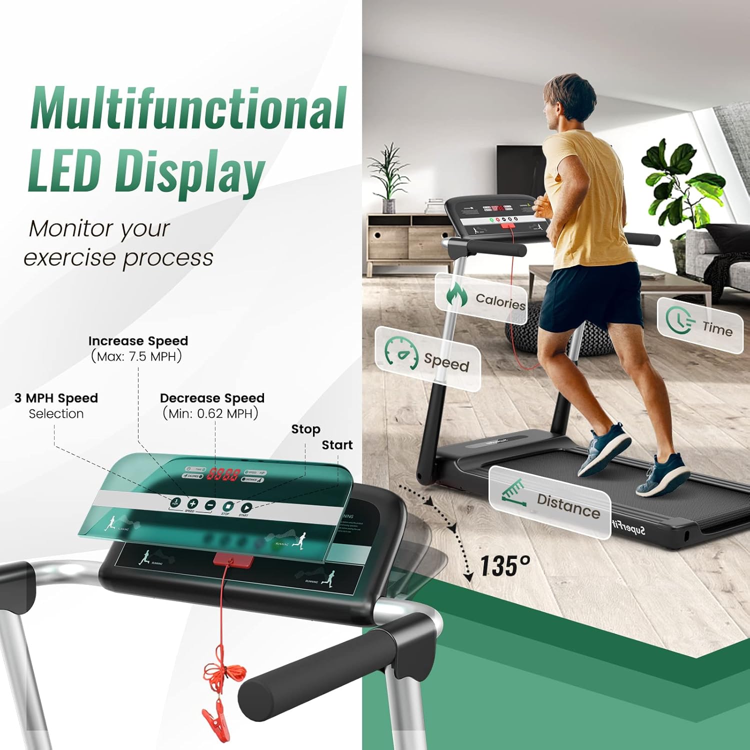 GYMAX Foldable Treadmill, 2.25HP Portable Treadmill with App Control & LED Monitor, Compact Running Walking Jogging Machine for Small Space, Home Gym Workout Fitness Folding Treadmill - Image 3
