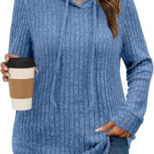 Womens Plus Size Lightweight Ribbed Knit Hoodie Sweaters Casual Long Sleeve Pullover Tops for Fall Winter L-4XL
