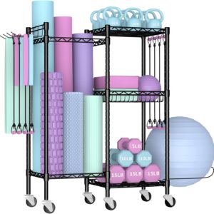 Dumbbell Rack, Home Gym Storage with Locking Wheels & 4 Hooks, 4 Tier Adjustable Workout Equipment Storage for Yoga Mat, Foam Roller, Dumbbell, Kettlebell, Fitness Ball and Resistance Band