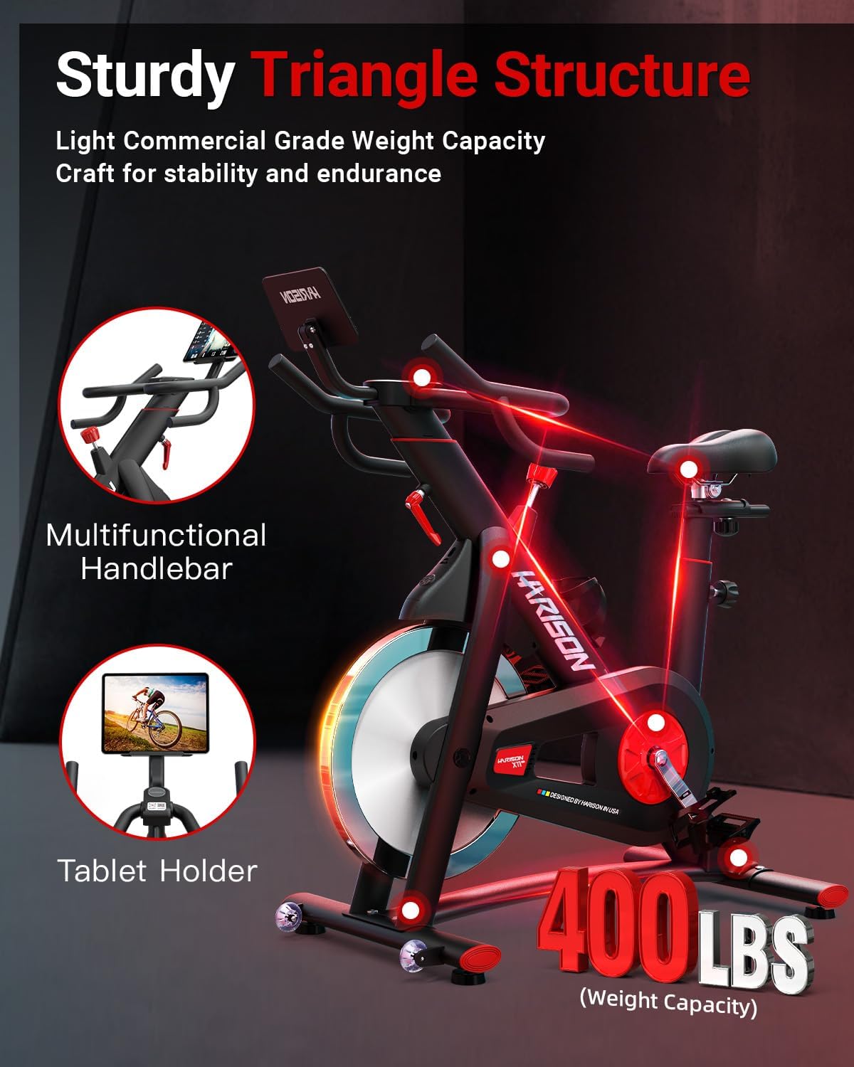 HARISON Semi-Commercial Exercise Bike 400 lbs Capacity, Magnetic Stationary Bikes for Home Gym with Bluetooth & Tablet Holder & Comfortable Seat Cushion - Image 5