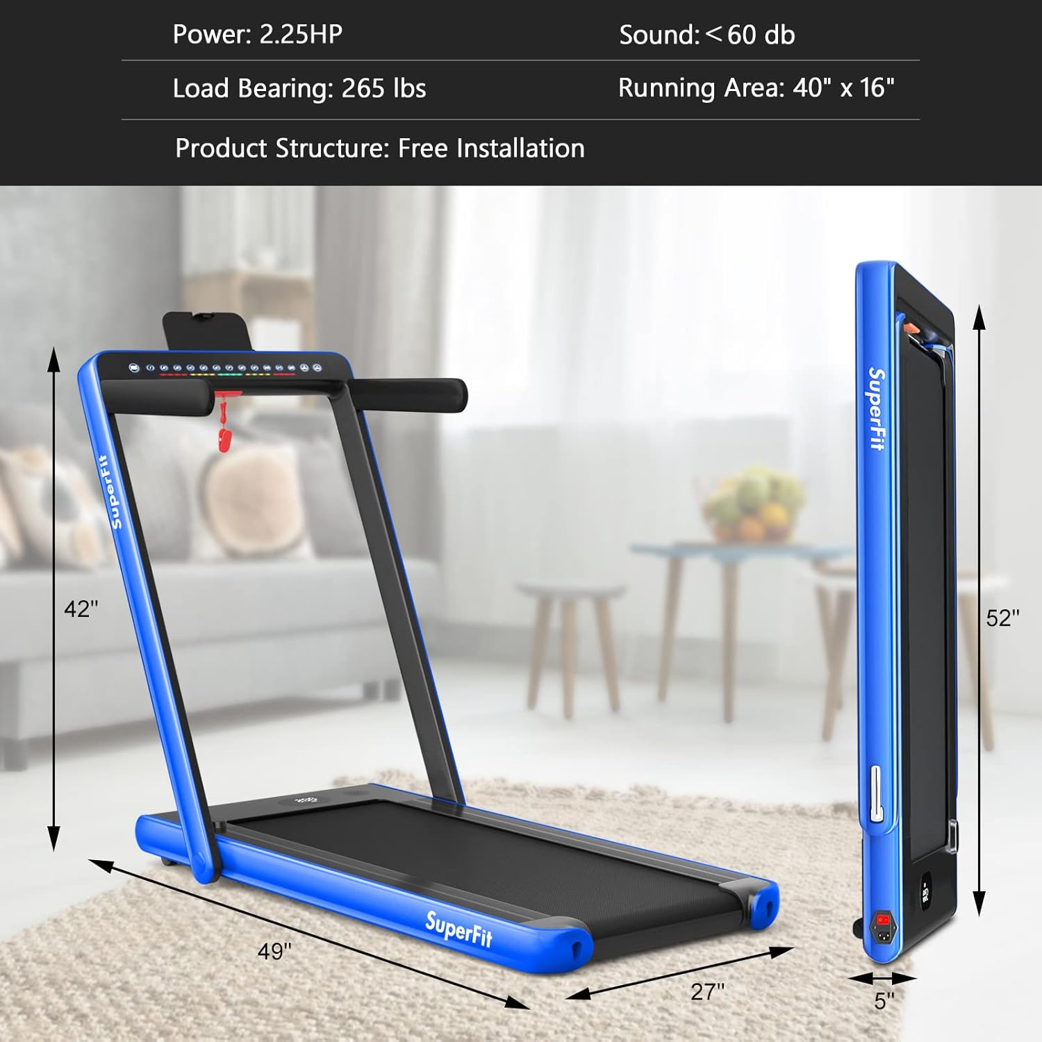 Goplus 2 in 1 Folding Treadmill with Dual Display, 2.25HP Superfit Under Desk Electric Pad Treadmill, Installation-Free, Blue Tooth Speaker, APP Control, Remote Control, Walking Jogging for Home - Image 9