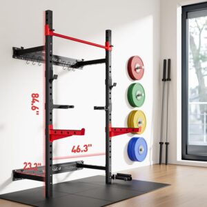 Folding Power Rack, Wall Mounted Squat Rack with Pull Up Bar, 980 Pounds Capacity, with J-Cups, Spotter Arms, Dip Bars, Landmine for Full Body Workout