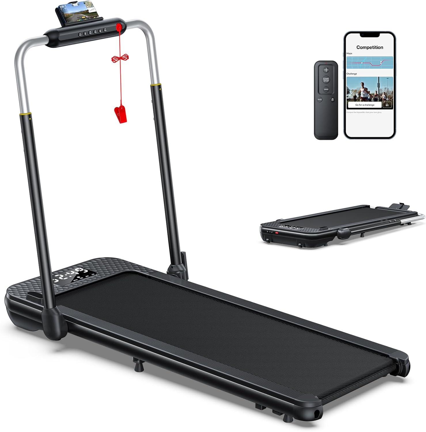 WELLFIT Folding Treadmill with 10% Incline,340+ lbs Capacity Portable Treadmills with Handlebar, Under Desk Treadmill for Home Office,Low Noise Walking Pad with Smart Voice Control for Jogging Running
