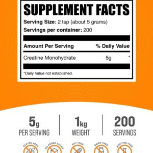 BulkSupplements.com Creatine Monohydrate Powder – Micronized Creatine Powder, Unflavored – Pure & Gluten Free, 5g (5000mg) per Servings, 1kg (2.2 lbs) (Pack of 1)