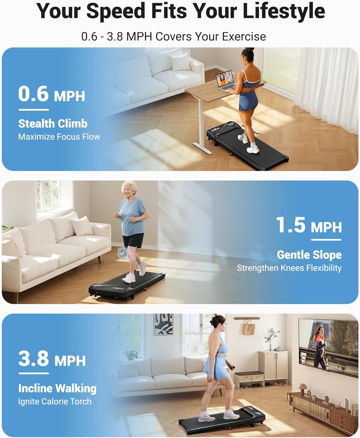 THERUN Walking Pad Treadmill Under Desk, Portable Mini Treadmill for Home/Office, Walking Pad Machine with 2.5HP and 265 lbs Weight Capacity Remote Control LED Display - Image 5