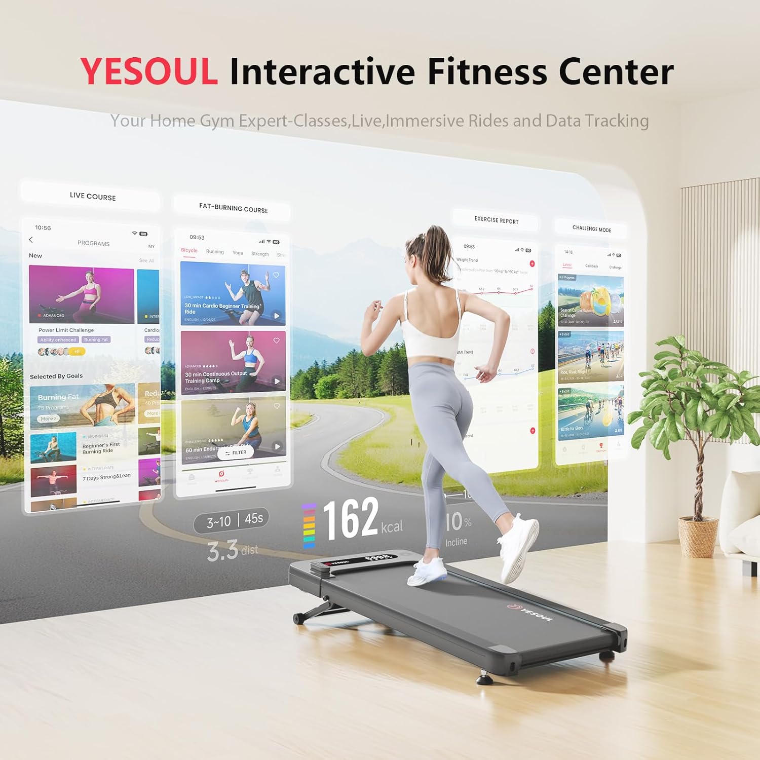 Yesoul Walking Pad Treadmill with 10% Auto Incline, Under Desk Treadmill for Home Walking, Hiking & Running, 300lbs Capacity, Smart App Scenic Routes & Live Classes, Remote & LED Display - Image 2