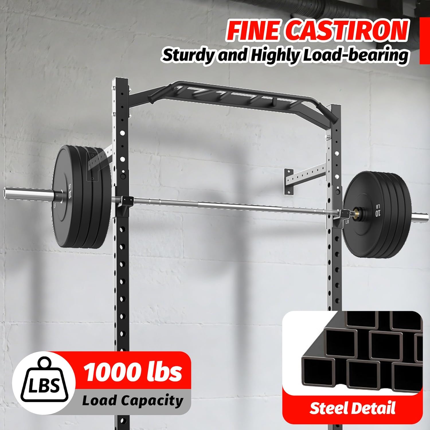 1600LB Wall Mounted Power Rack, Commercial Squat Rack for Home Gym with Multi-Grip Pull Up Bar, j-Cups & Landmine Attachment for Home and Garage Gym - Image 6